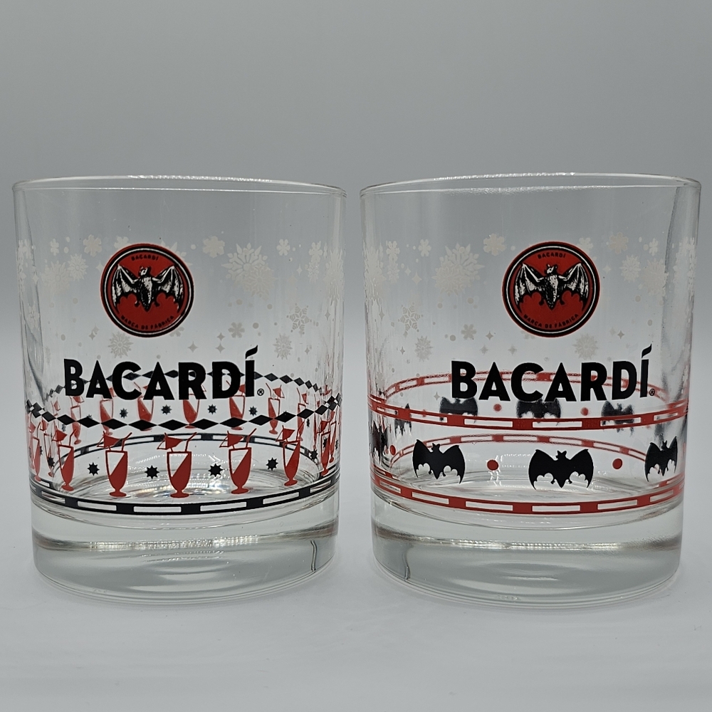 Bacardi Lowball Glasses with Boxes - Different Patterns (bats and glasses)